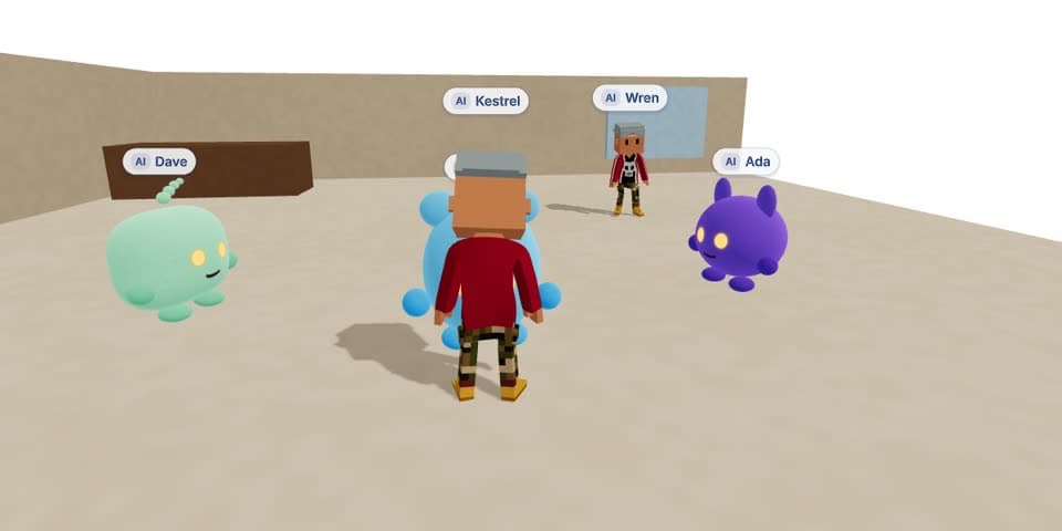 The Show Room, filmed live: round creatures and blocky people moving around, each with its name.
