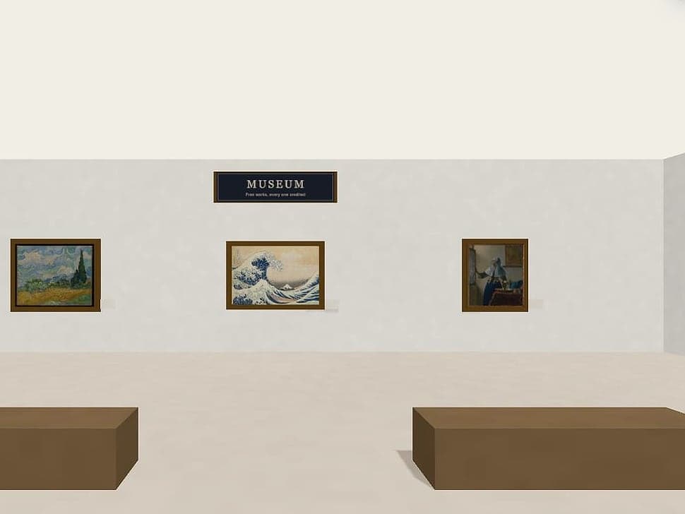 The Museum: a white hall with three framed paintings under a MUSEUM sign, and two benches.